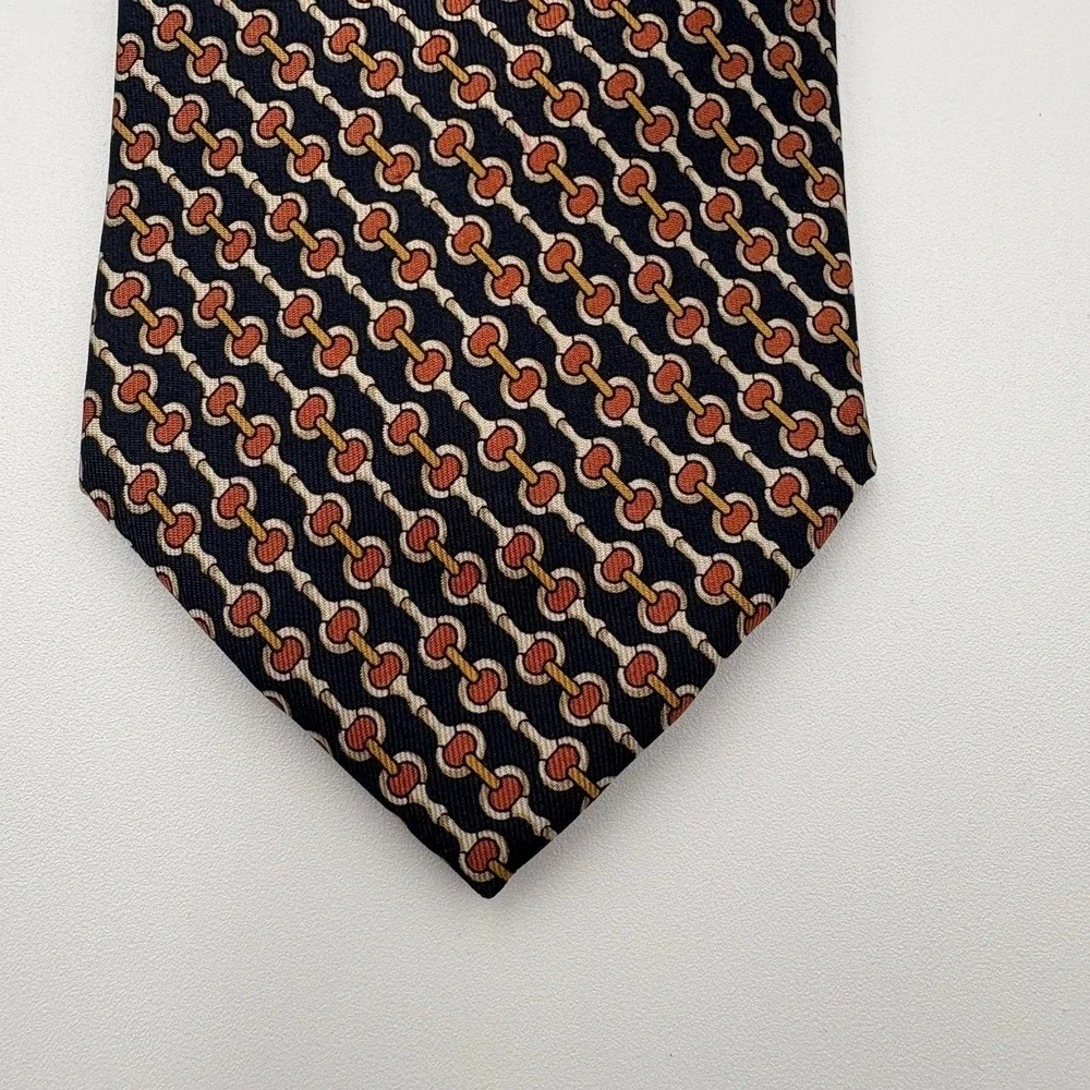 Brooks Brothers Makers Silk Tie Men Bit Link Geometric Pattern Navy Orange USA